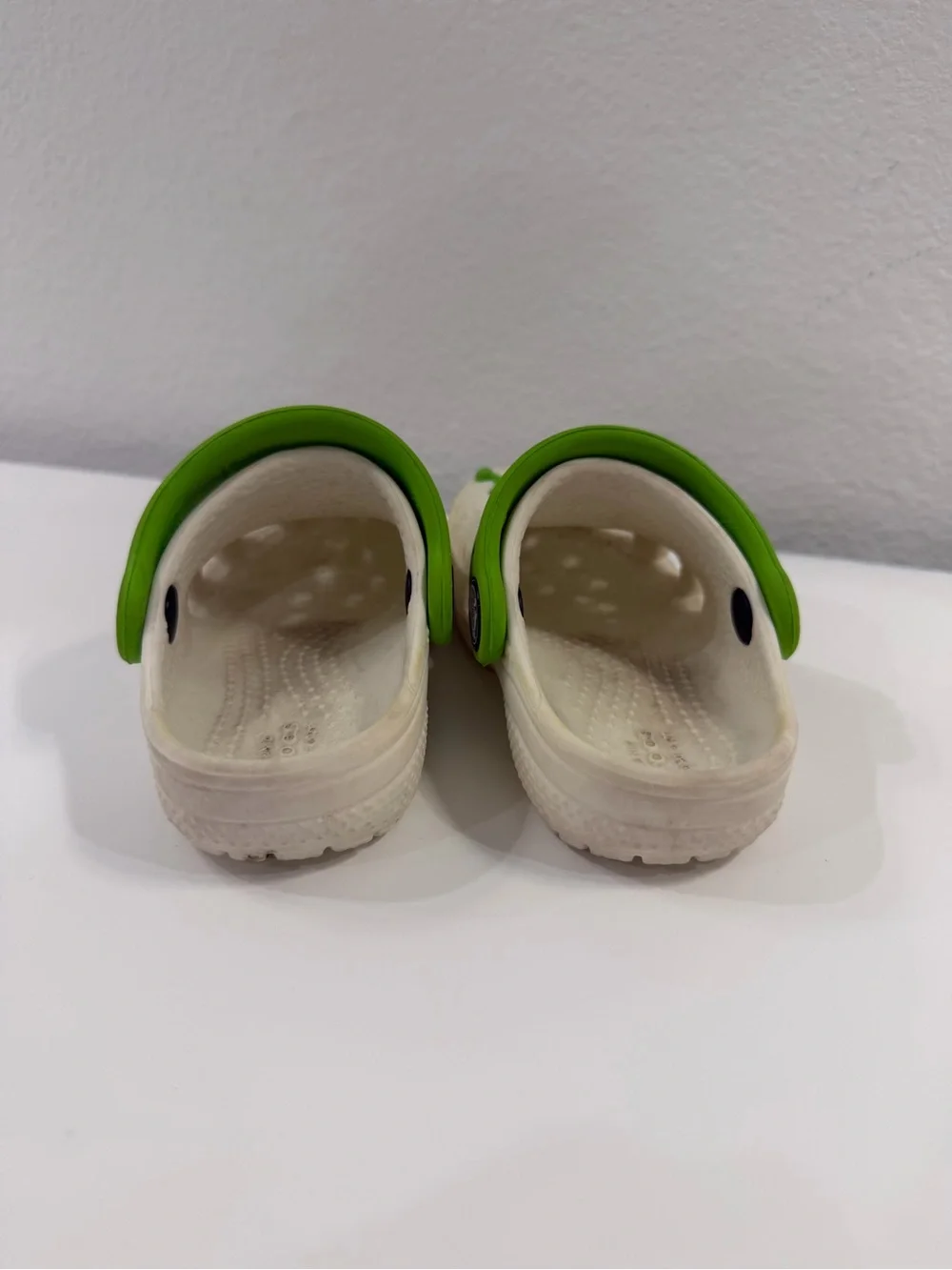 CROCS White Kids Clogs with Bright Green Monster Accents